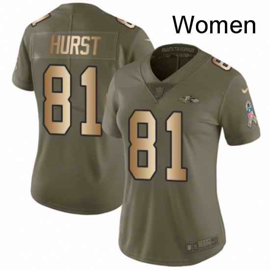 Womens Nike Baltimore Ravens 81 Hayden Hurst Limited Olive Gold Salute to Service NFL Jersey